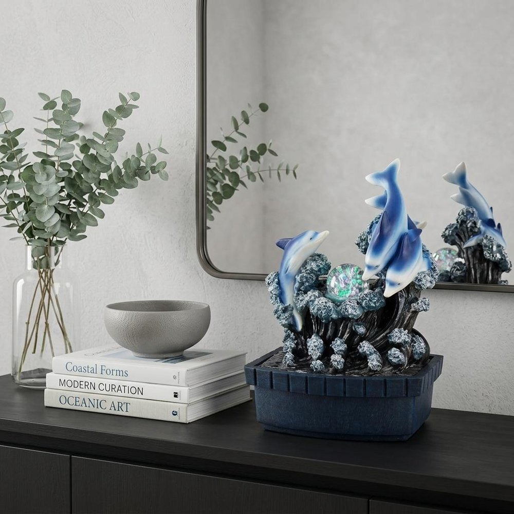 11" Blue Polyresin Dolphins Tabletop Fountain