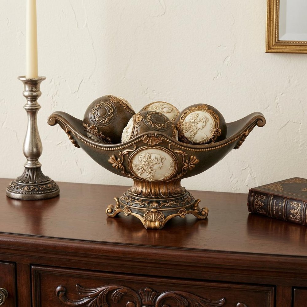 8" Bronze Polyresin Classical Greek Decorative Bowl With Orbs