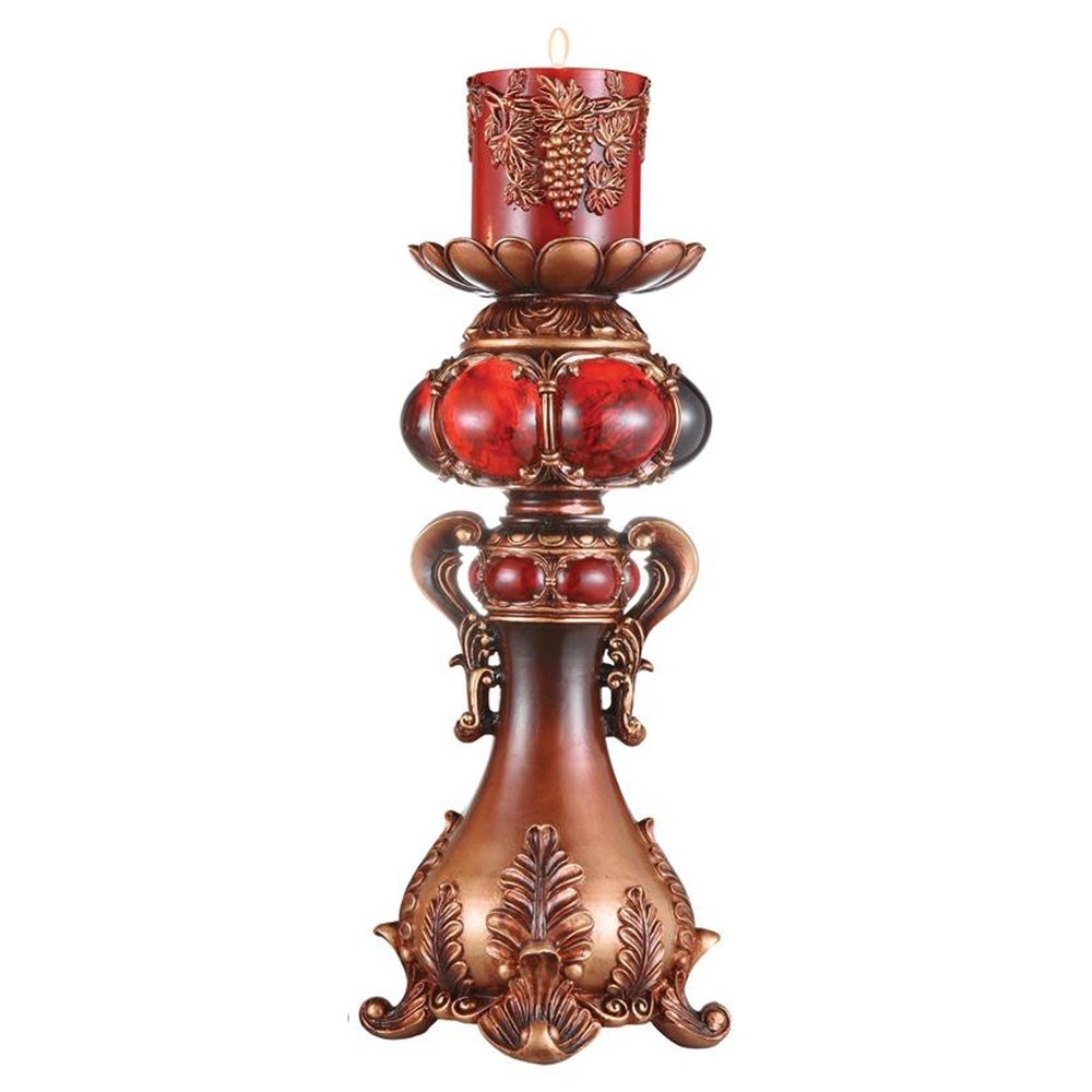 20" Bronze Brown And Red Floral Polyresin Tabletop Pillar Candle Holder With Candle