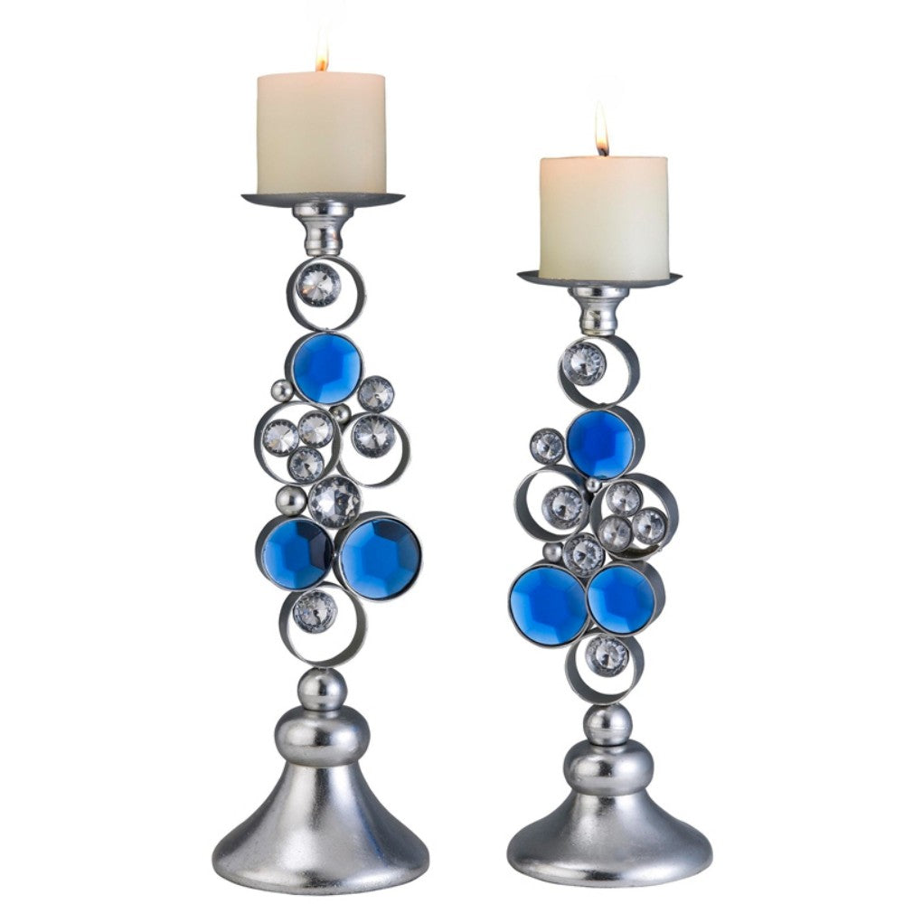Set Of Two Silver and Blue Bling Tabletop Pillar Candle Holders
