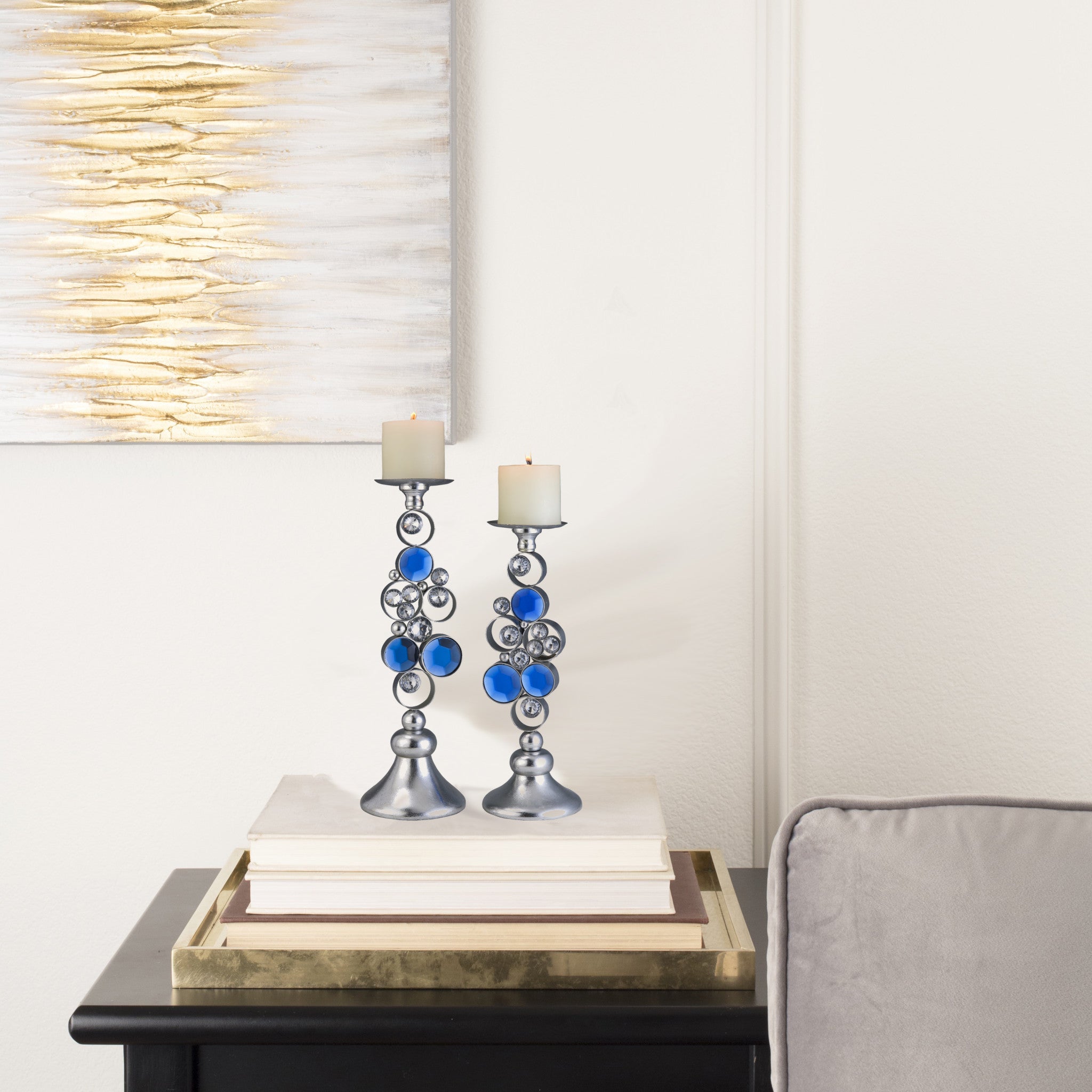 Set Of Two Silver and Blue Bling Tabletop Pillar Candle Holders