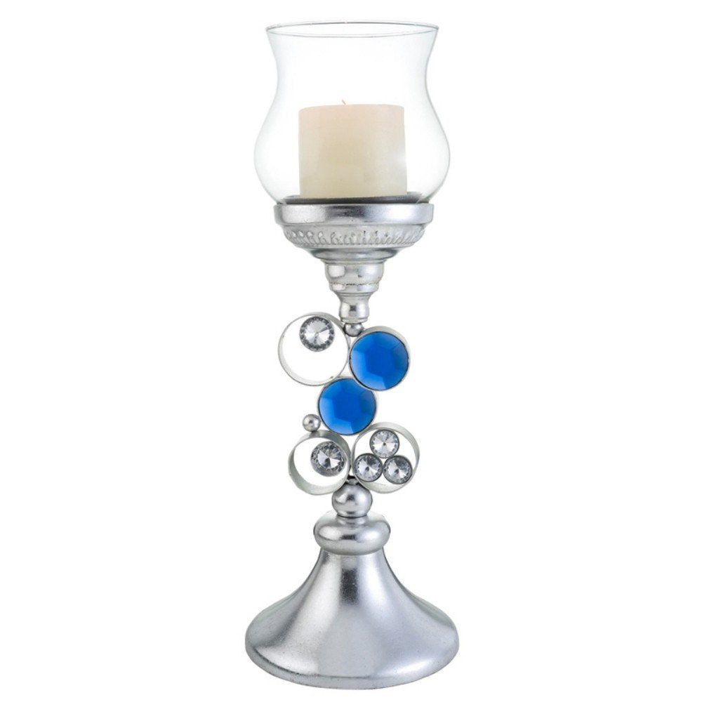 18" Blue Clear And Silver Polyresin Tabletop Hurricane Candle Holder