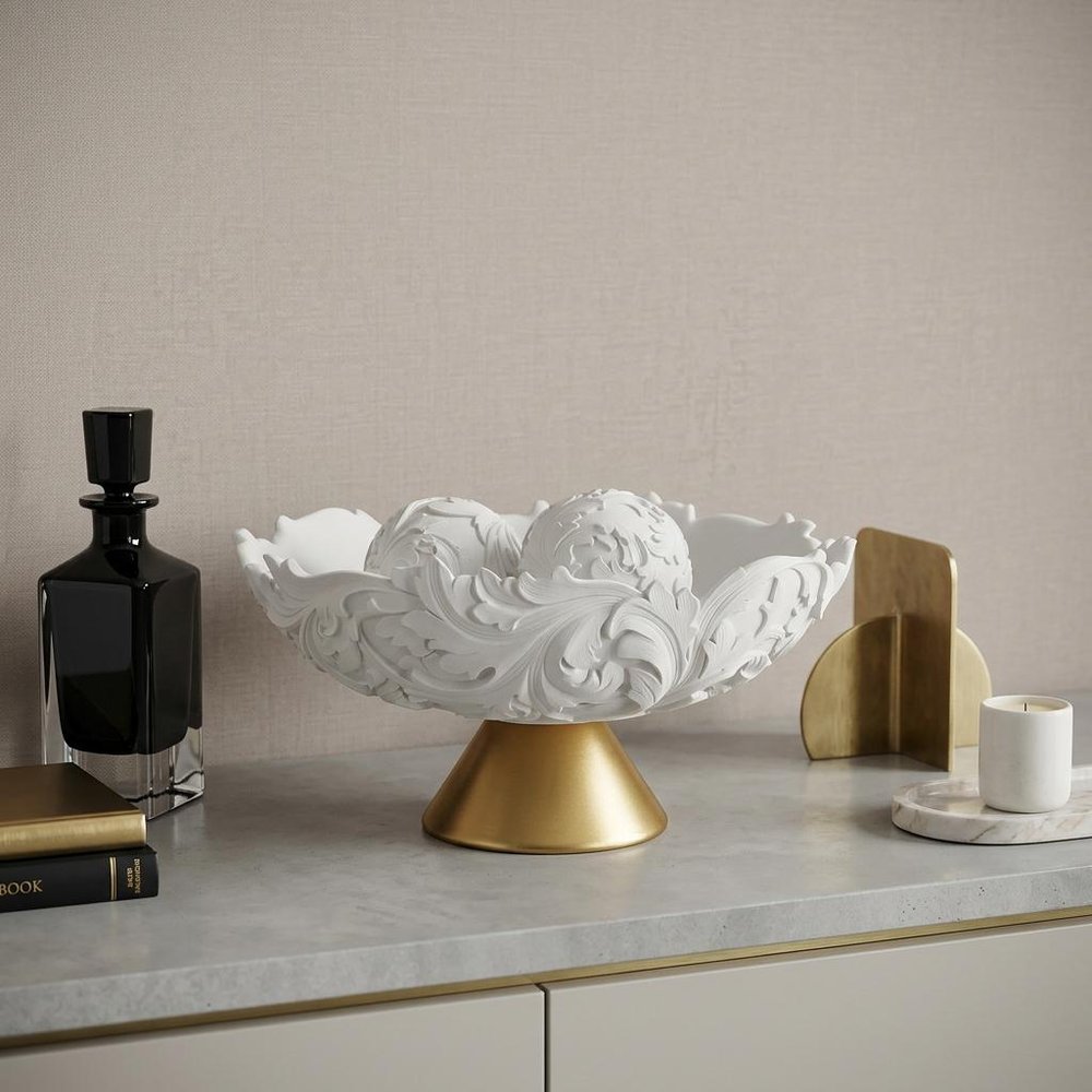 9" Matte Gold And White Polyresin Decorative Bowl With Orbs