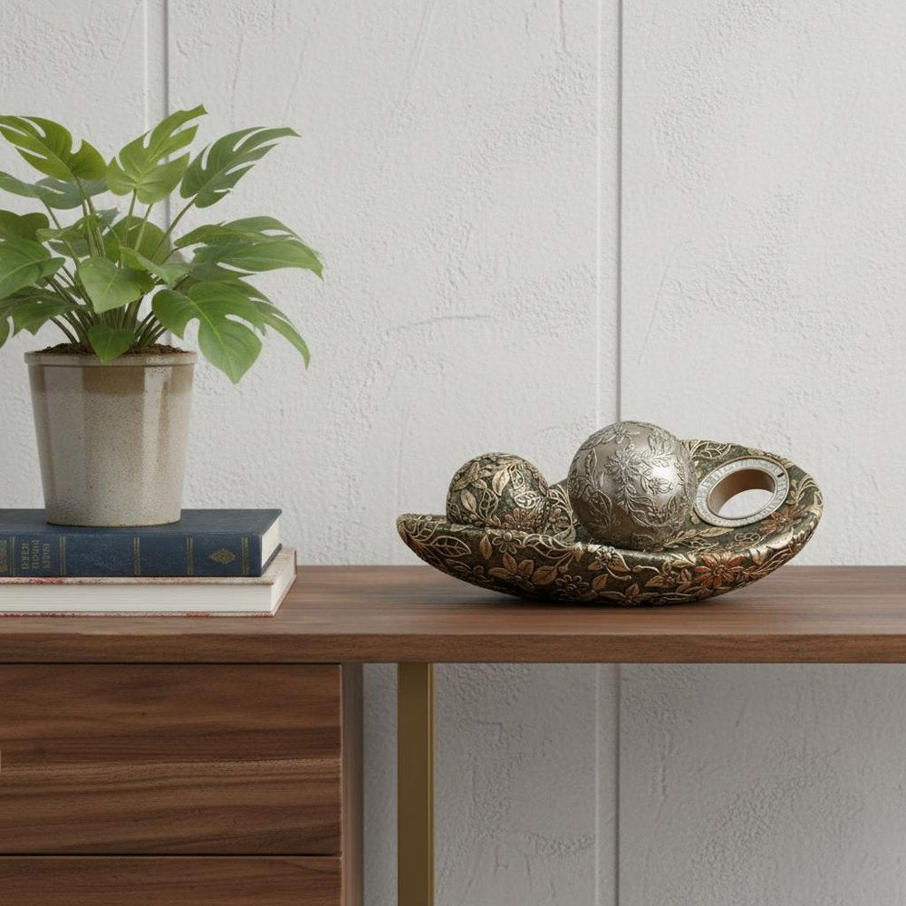 8" Green Silver And Gold Polyresin Decorative Bowl With Orbs