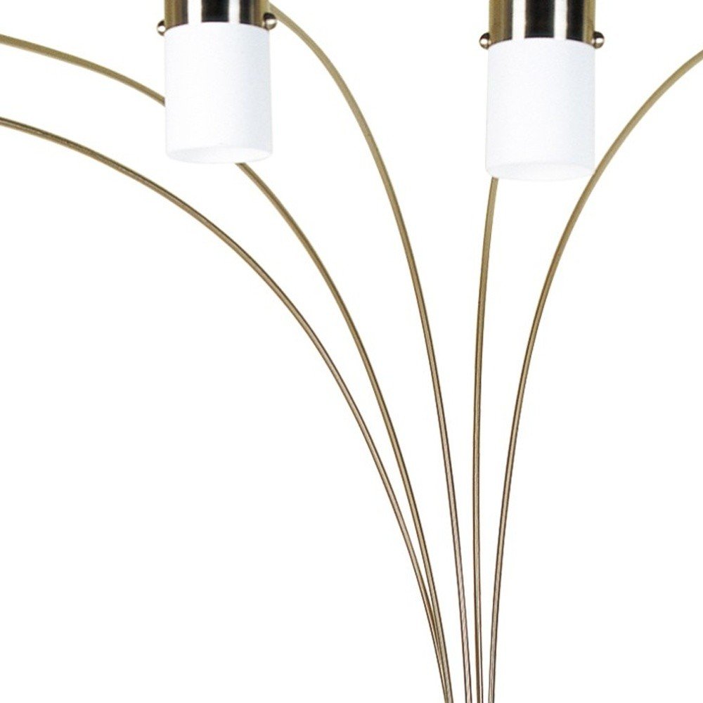 84" Gold And White Five Light Arched Floor Lamp With White Acrylic Drum Shade