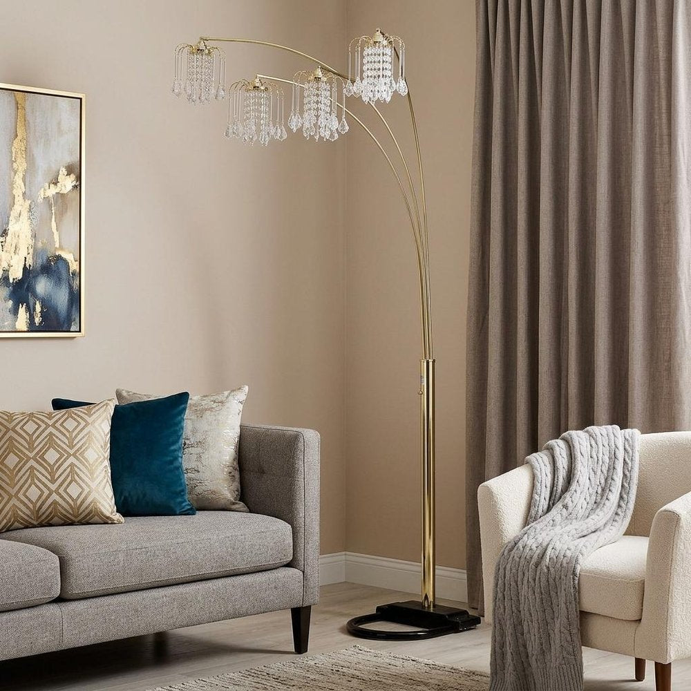 84" Gold Four Light Tree Floor Lamp With Clear Glass Novelty Shade