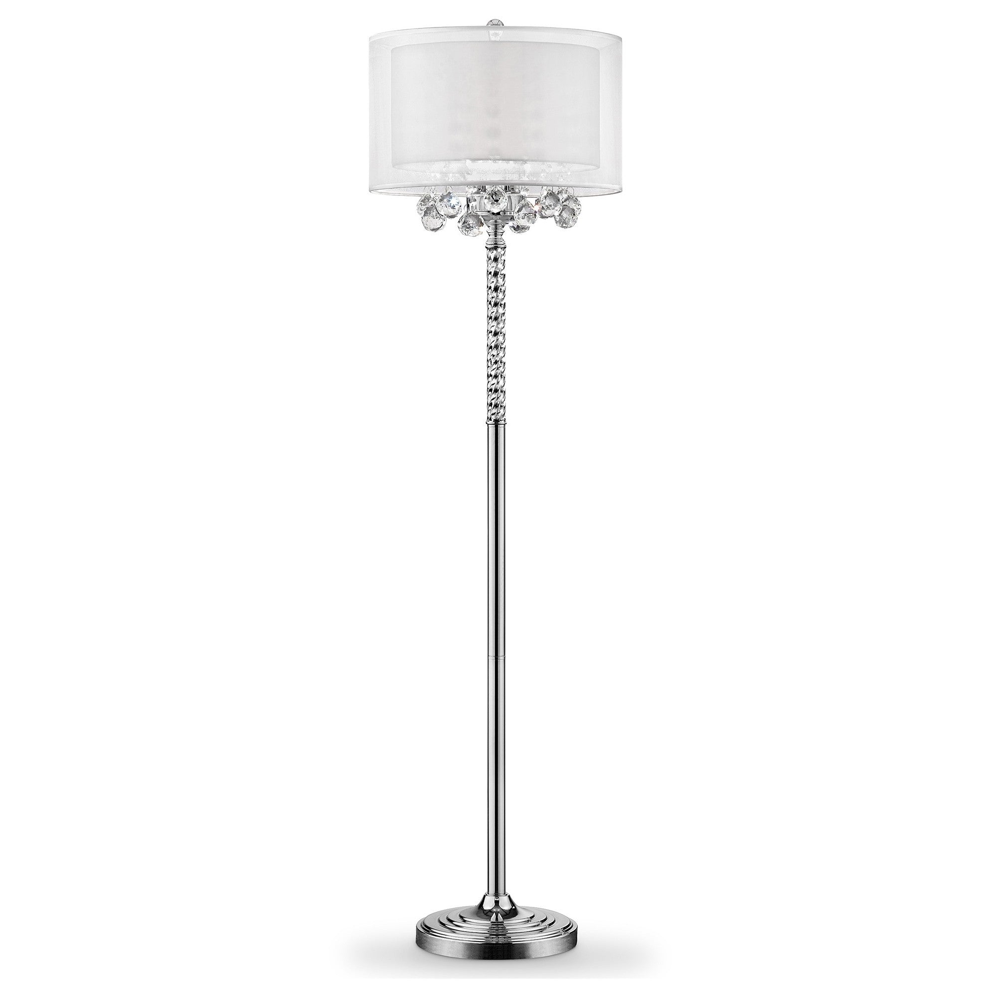 63" Silver Three Light Candelabra Floor Lamp With White Fabric Drum Shade