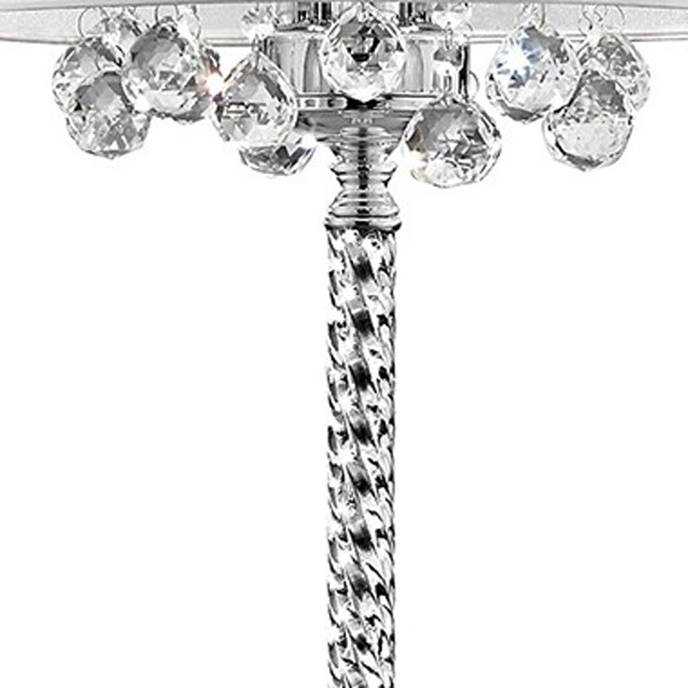 63" Silver Three Light Candelabra Floor Lamp With White Fabric Drum Shade