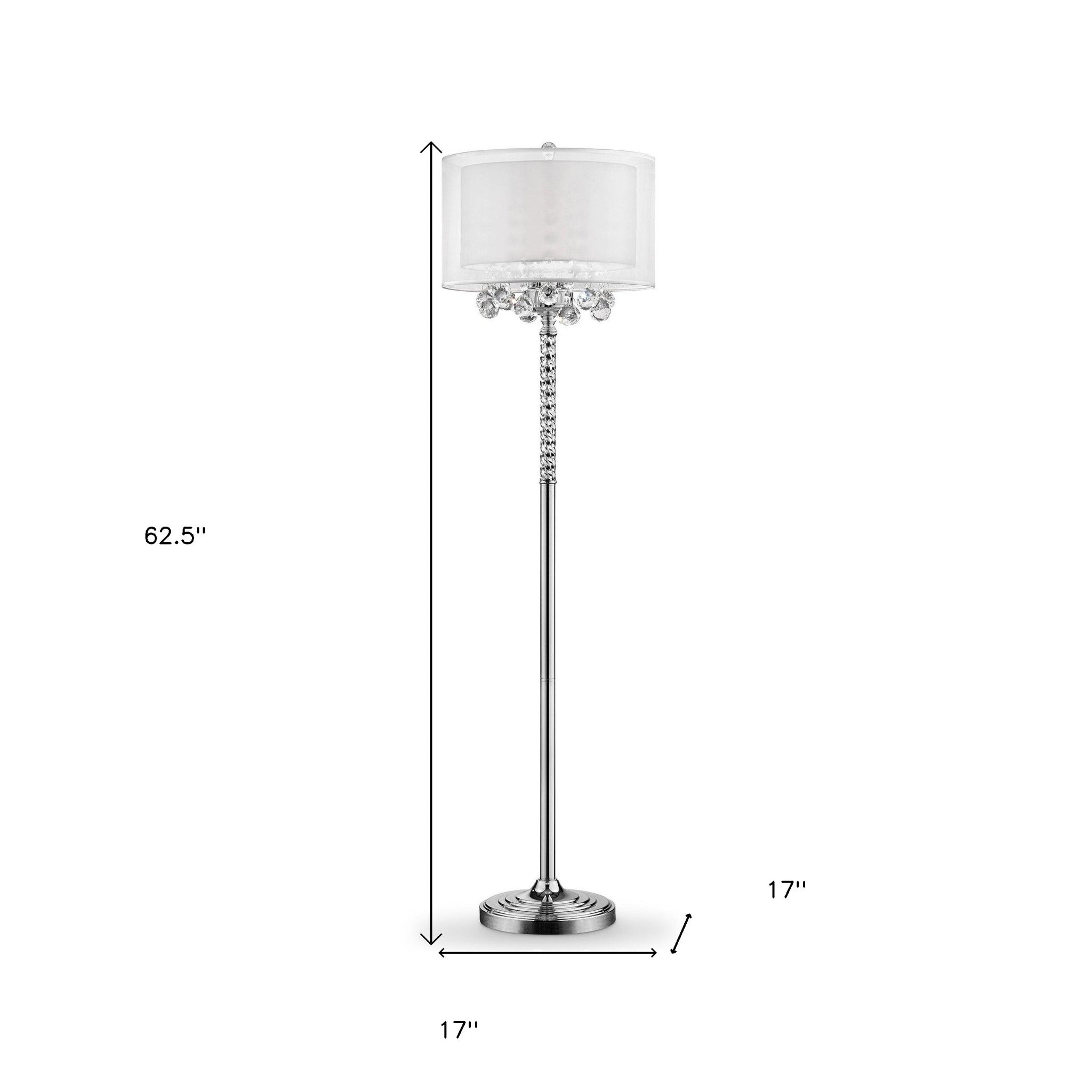 63" Silver Three Light Candelabra Floor Lamp With White Fabric Drum Shade