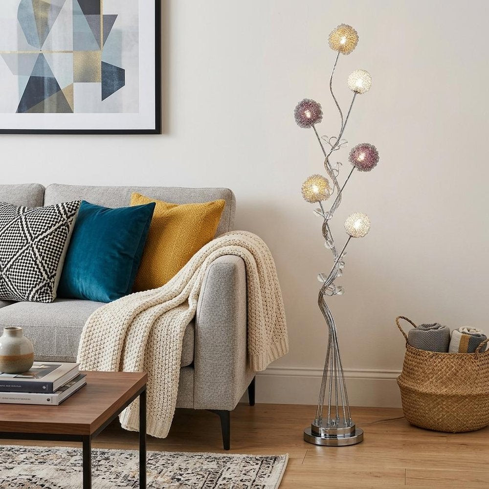 59" Silver Six Light LED Novelty Floor Lamp With Purple And White Metal Novelty Shade