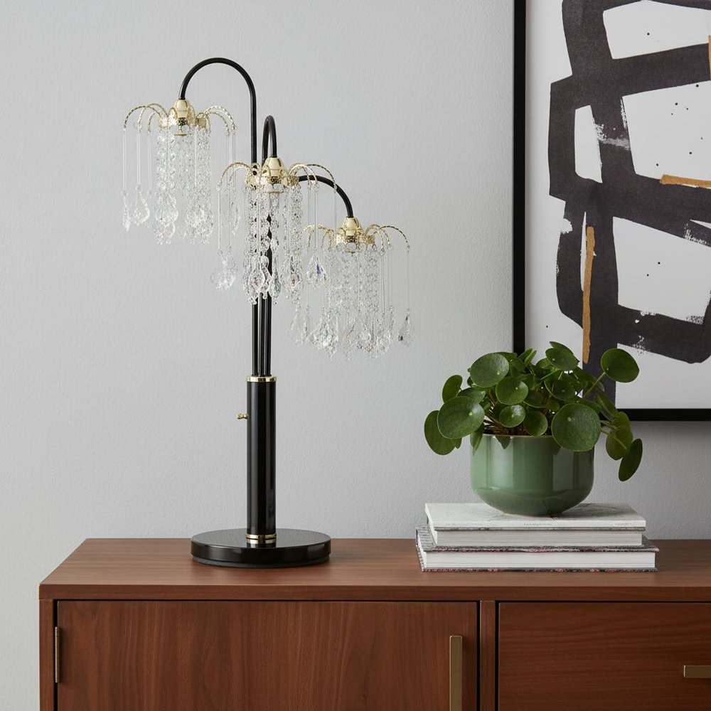 34" Black Metal Three Light Chandelier Table Lamp