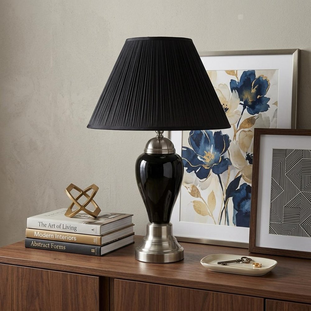 27" Black and Silver Ceramic Urn Table Lamp With Black Empire Shade