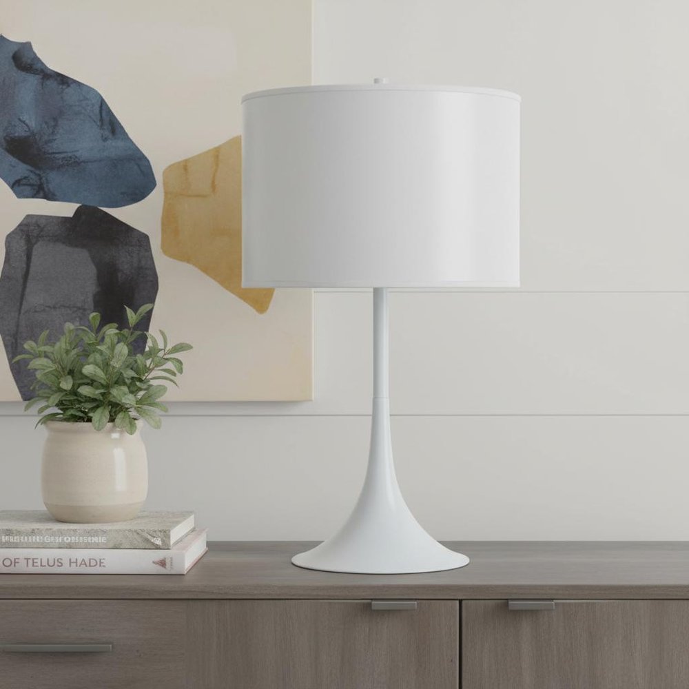 25" White Metal Table Lamp With White Classic Drum Shade