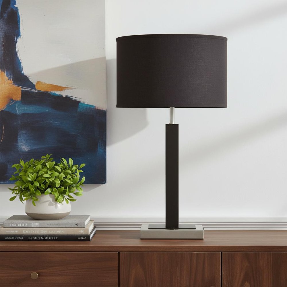 30" Black Polyresin Table Lamp With Brown Classic Drum Shade