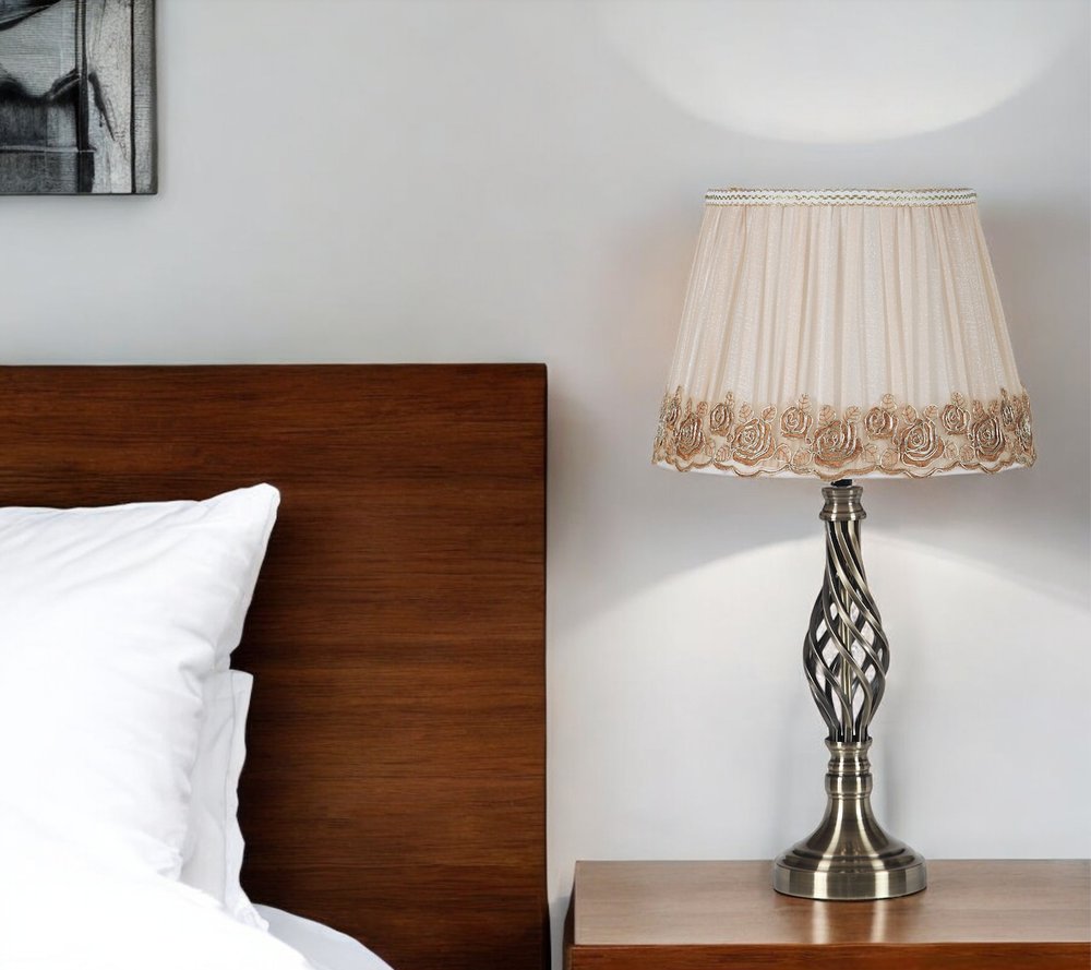 23" Antiqued Brass Metal Novelty Bedside Lamp With Brown and White Empire Shade