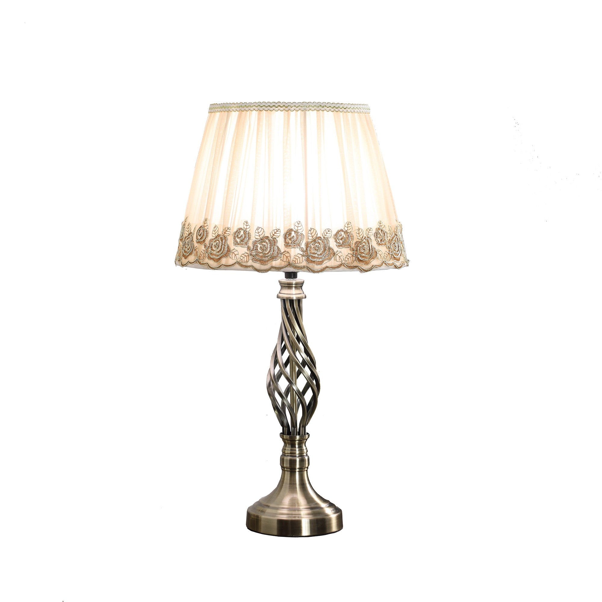 23" Antiqued Brass Metal Novelty Bedside Lamp With Brown and White Empire Shade