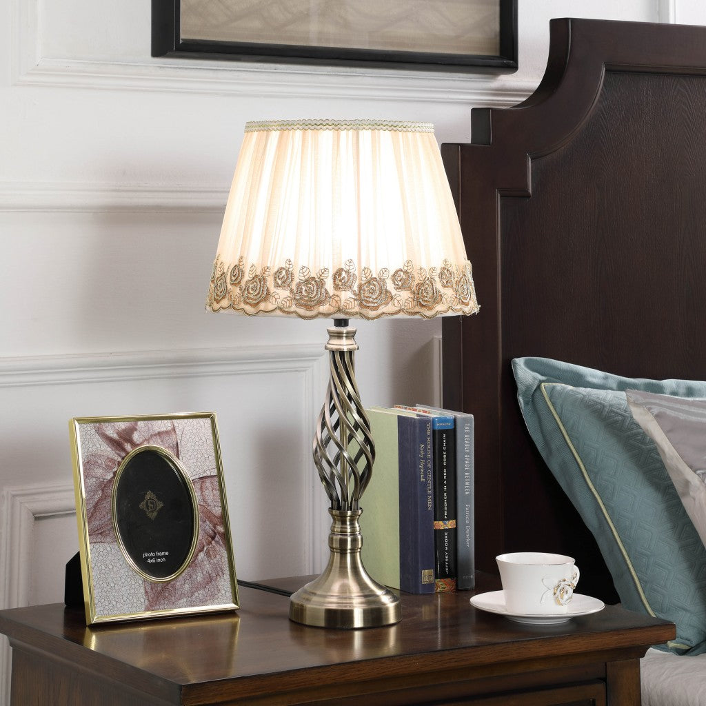 23" Antiqued Brass Metal Novelty Bedside Lamp With Brown and White Empire Shade