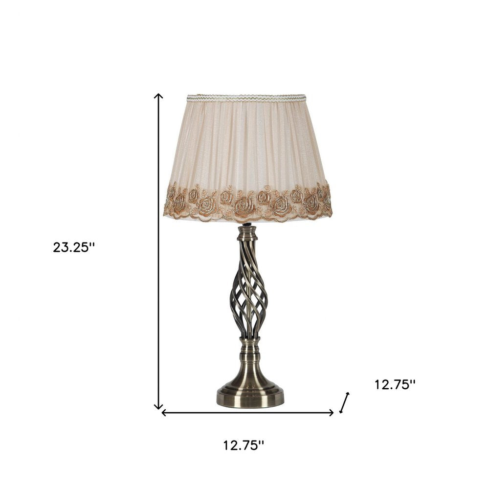 23" Antiqued Brass Metal Novelty Bedside Lamp With Brown and White Empire Shade