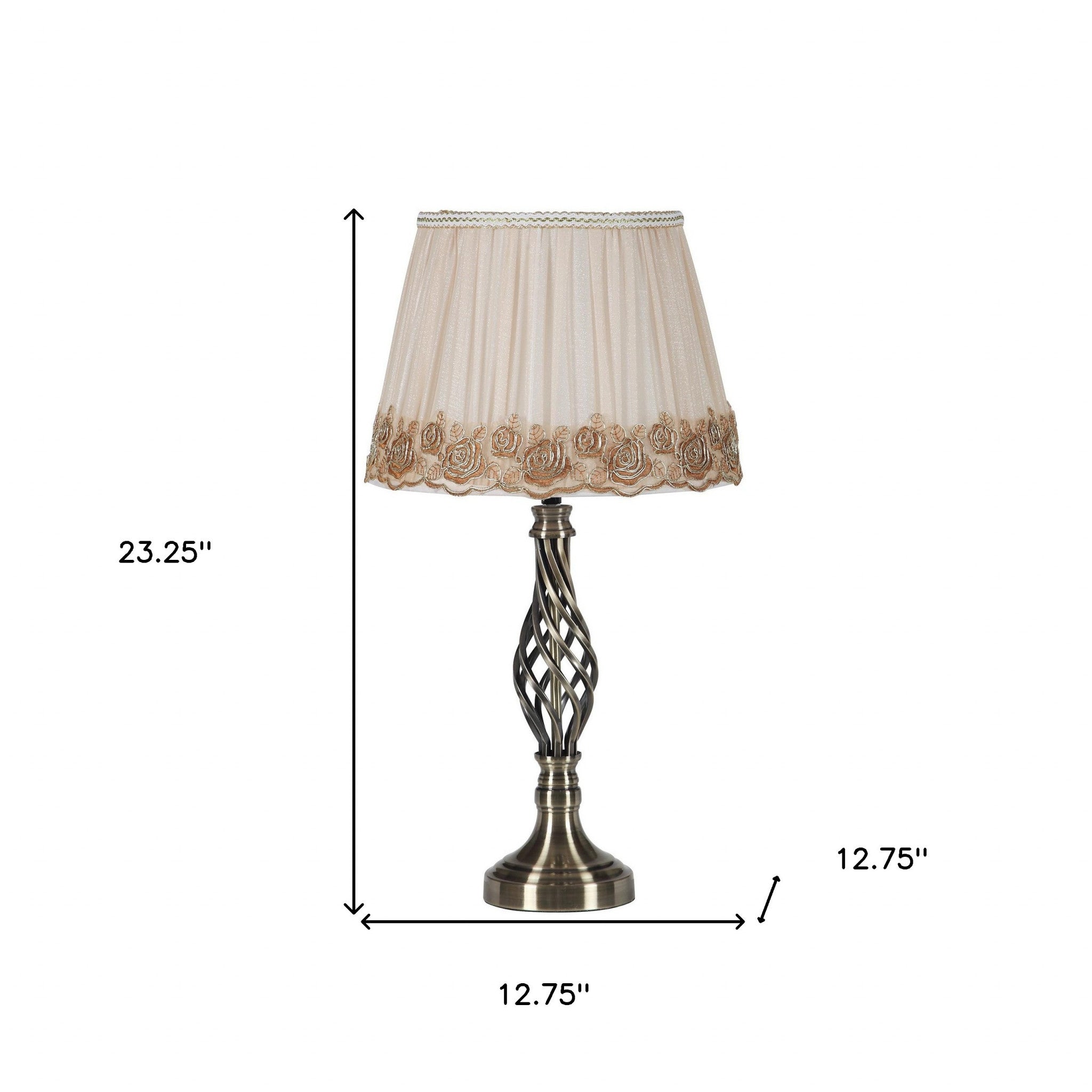 23" Antiqued Brass Metal Novelty Bedside Lamp With Brown and White Empire Shade