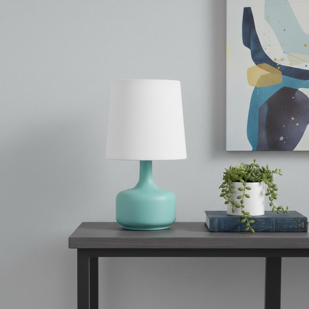 17" Blue Metal Bedside Table Lamp With White Shade