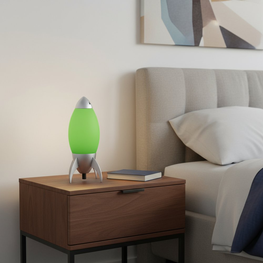 11" Green And Silver Acrylic And Metal Rocket Shaped Bedside Lamp