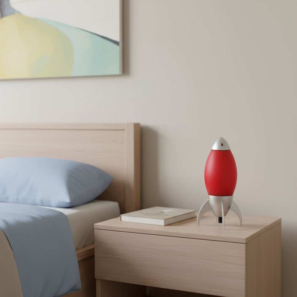 11" Red And Silver Acrylic And Metal Rocket Shaped Bedside Lamp