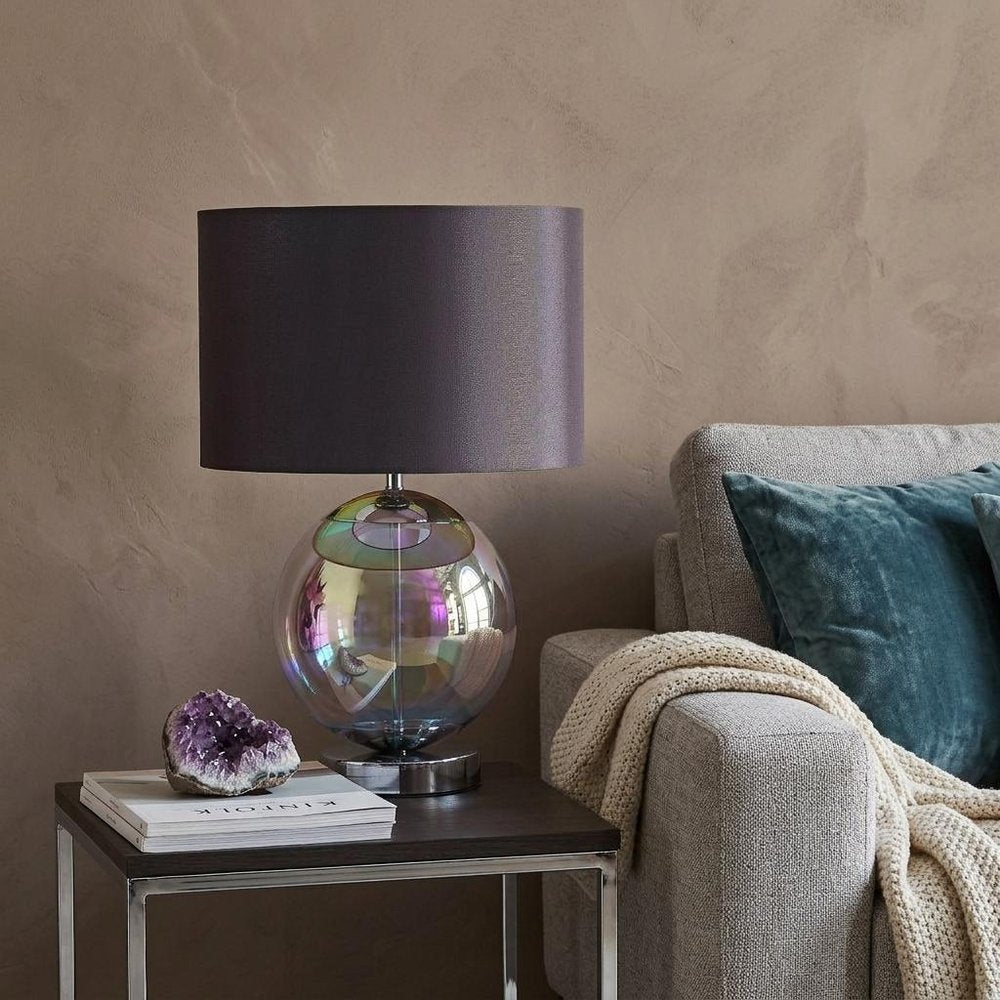 19" Iridescent Glass Globe Table Lamp With Gray Classic Drum Shade