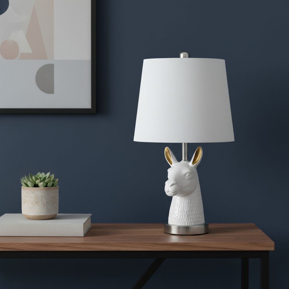 21" Silver And White Novelty Llama Lamp With White Drum Shade