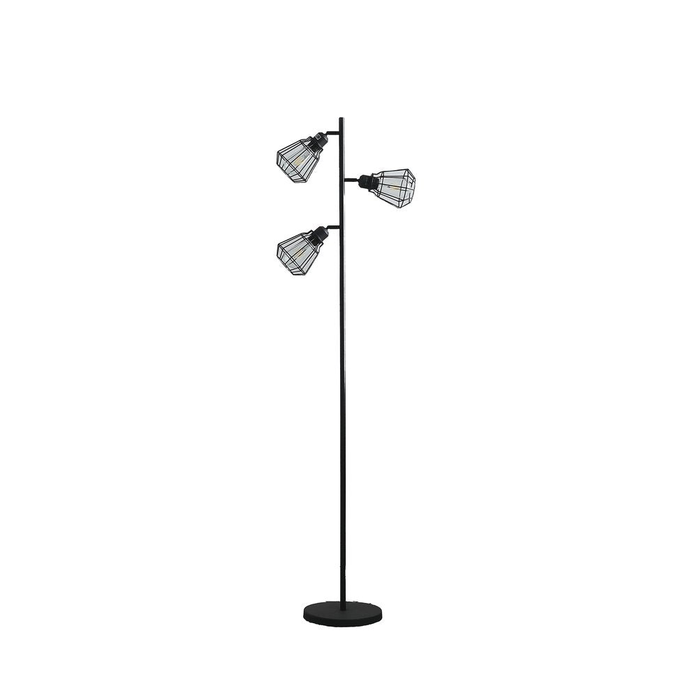 66" Black Metal Three Light Tree Floor Lamp With Black Metal Cage Shade