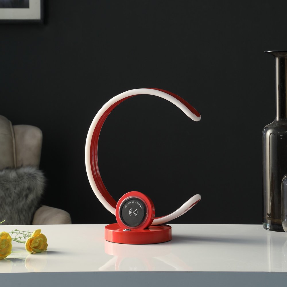 13" Red Contempo C Shape LED with USB Desk or Table Lamp