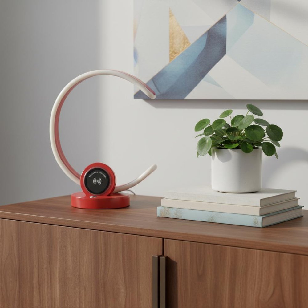 13" Red Contempo C Shape LED with USB Desk or Table Lamp