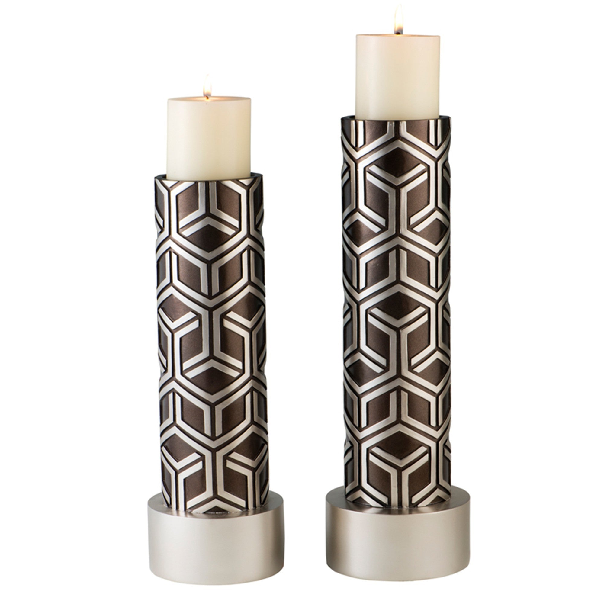 Set Of Two Espresso and Silver Pillar Tabletop Pillar Candle Holders