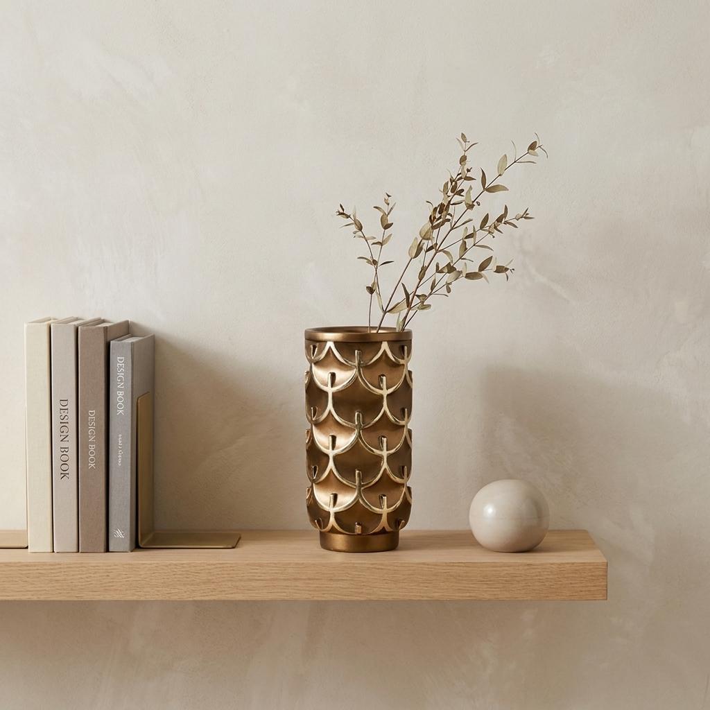 14" Polyresin Gold Geometric Cylinder Table Vase
