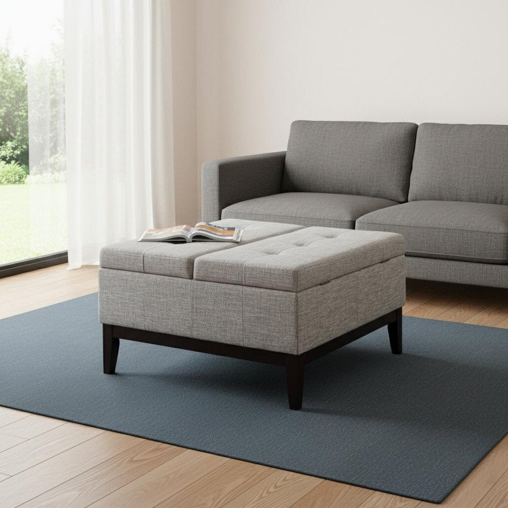 36" Light Gray Linen And Black Tufted Storage