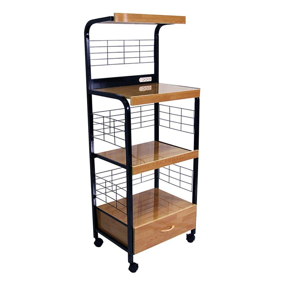 Black and Natural 26" Rolling Kitchen Cart With Storage