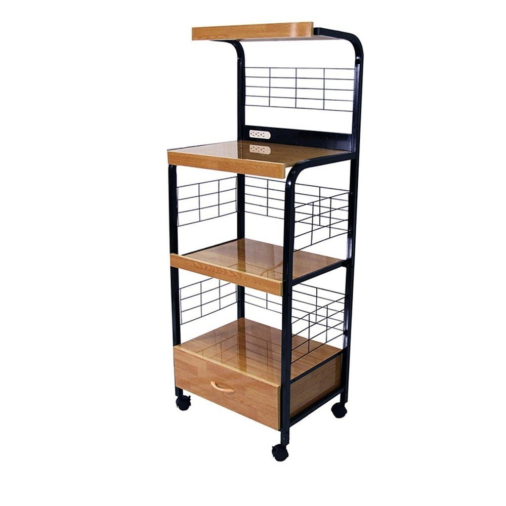 Black and Natural 26" Rolling Kitchen Cart With Storage