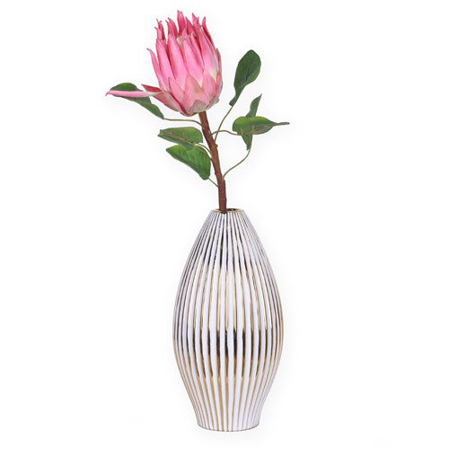14" White and Gold Ceramic Striped Bud Vase