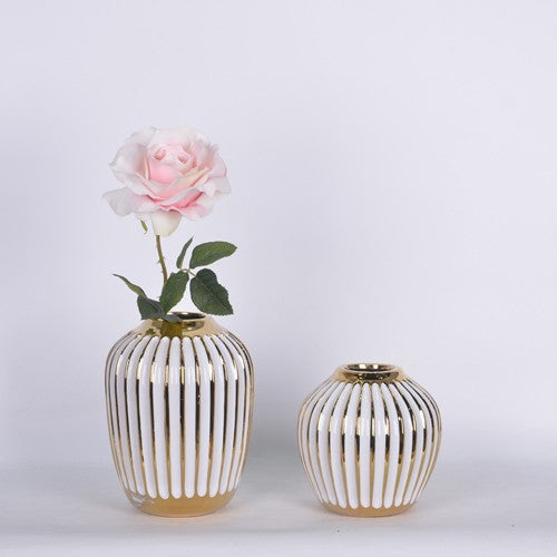 9" White and Gold Ceramic Striped Round Table Vase
