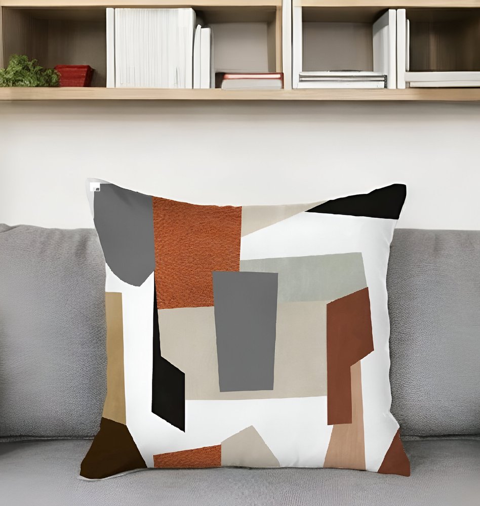 18" Terra Cotta Charcoal Beige And White Abstract Throw Pillow Cover