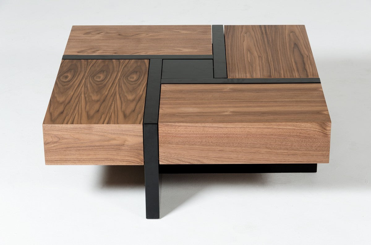 39" Brown and Black Wood Square Solid Coffee Table With Four Drawers