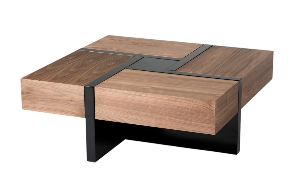 39" Brown and Black Wood Square Solid Coffee Table With Four Drawers