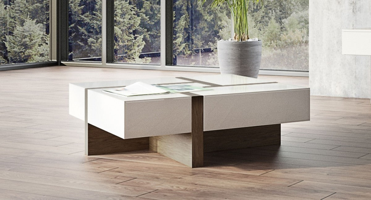 39" Brown and White Wood Square Solid Coffee Table With Four Drawers