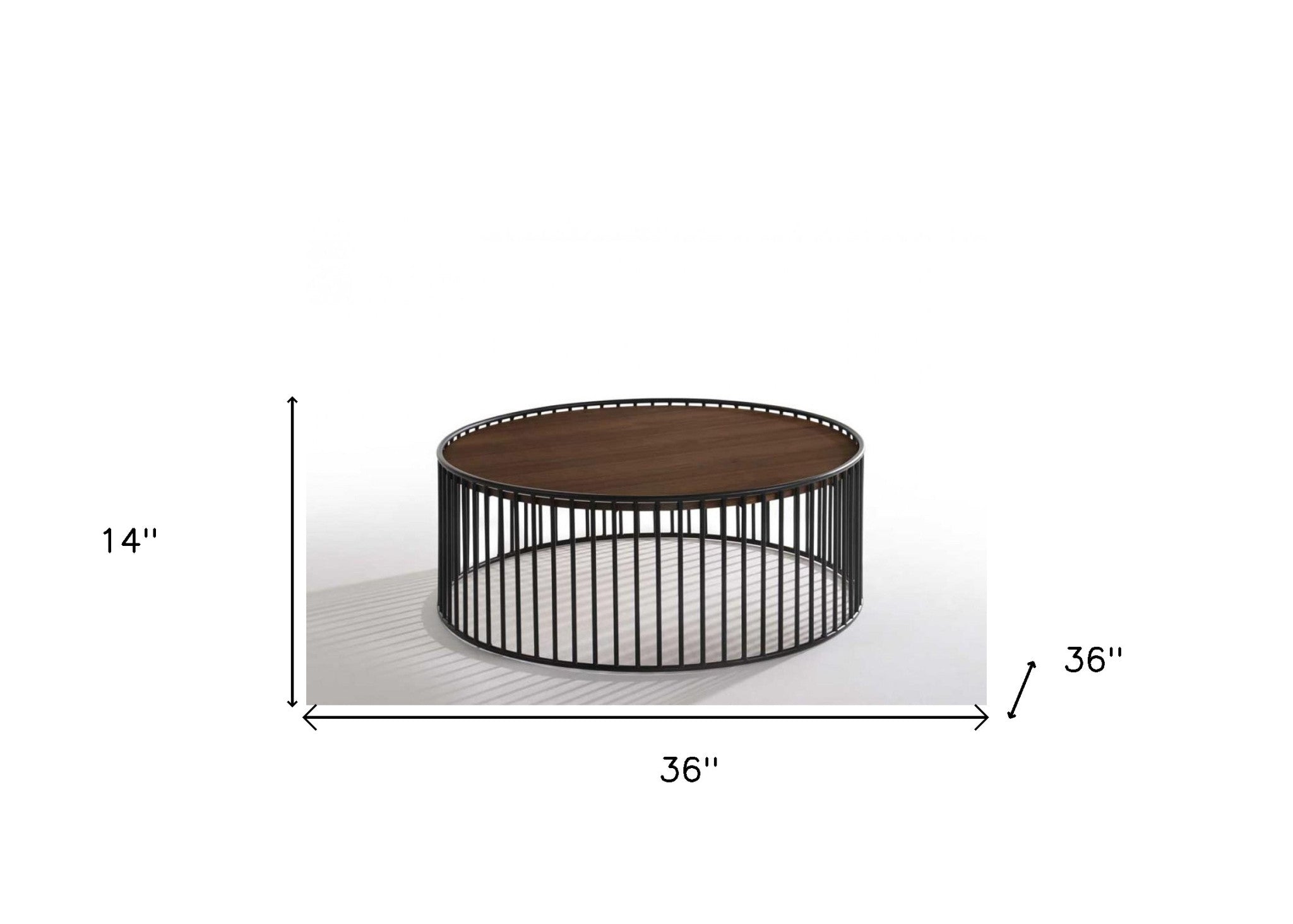 36" Brown and Black Wood And Metal Round Frame Coffee Table