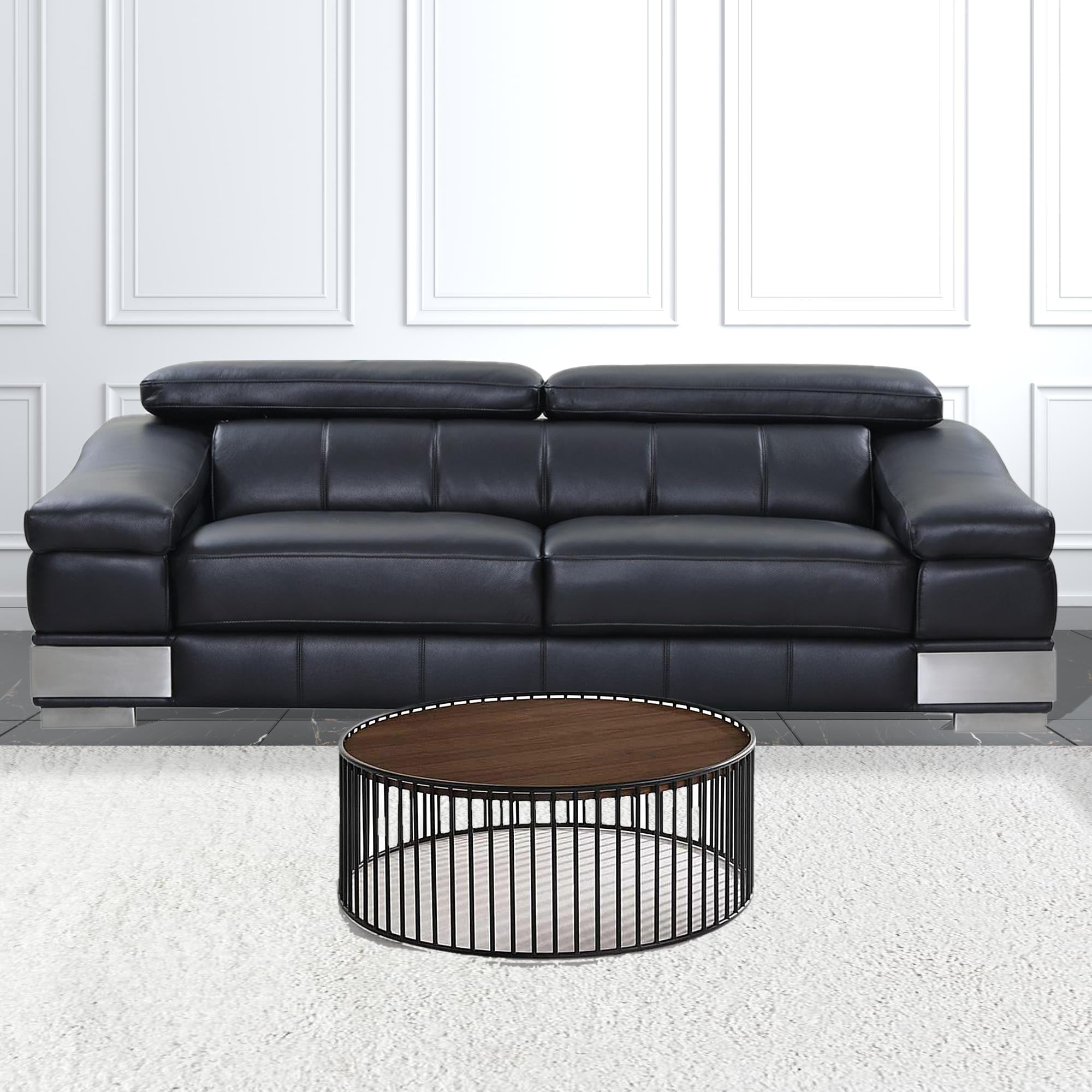 36" Brown and Black Wood And Metal Round Frame Coffee Table