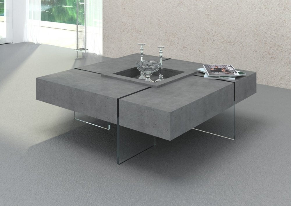 47" Gray and Clear Concrete And Glass Square Solid Coffee Table