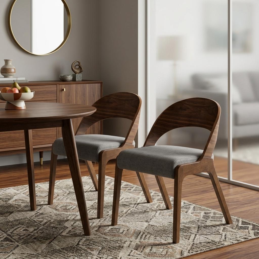 Set of Two Gray and Brown Upholstered Fabric Curved Back Dining Side Chairs