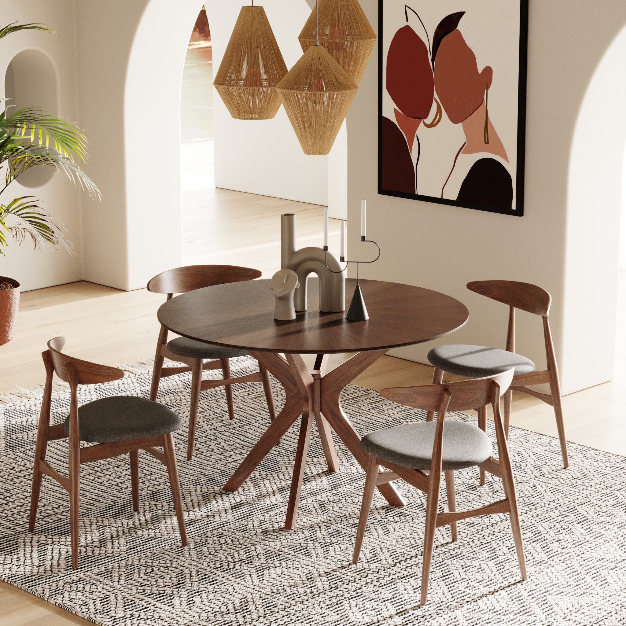 Set of Two Gray and Brown Upholstered Fabric Wishbone Back Dining Side Chairs