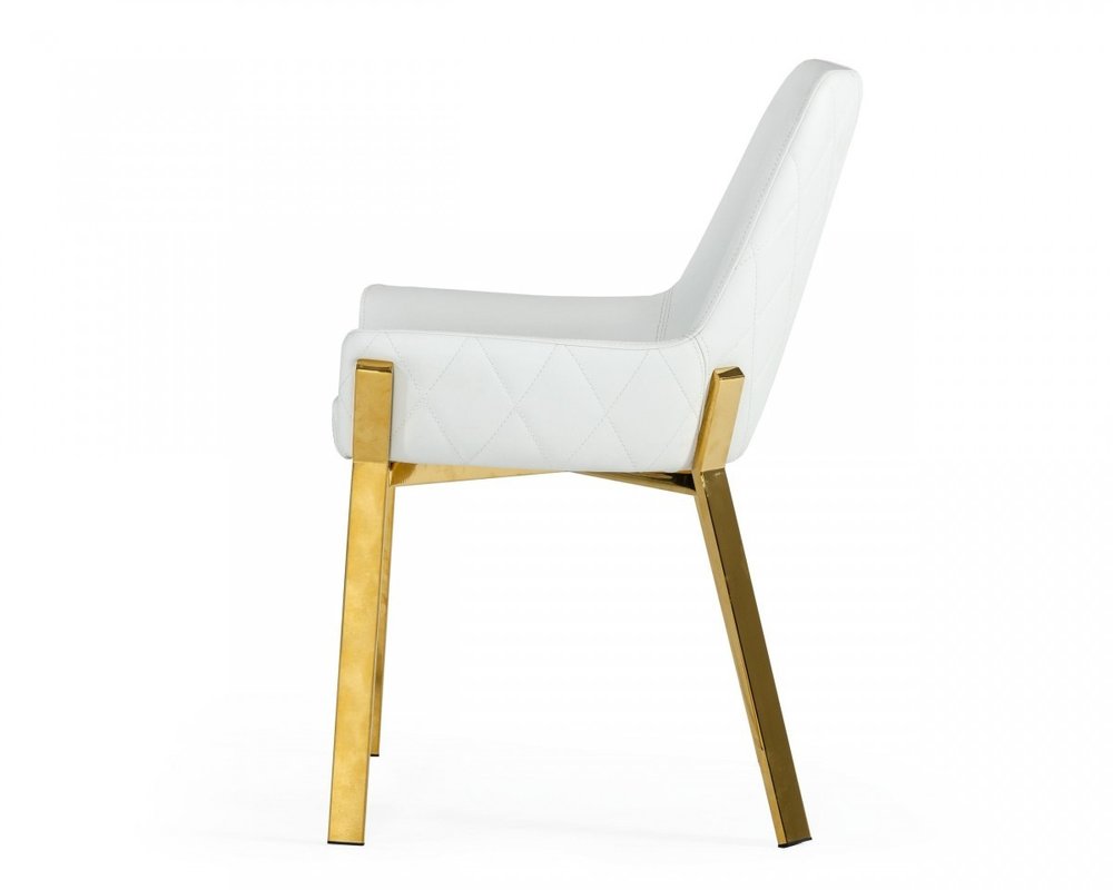 White and Gold Upholstered Faux Leather Dining Arm Chair