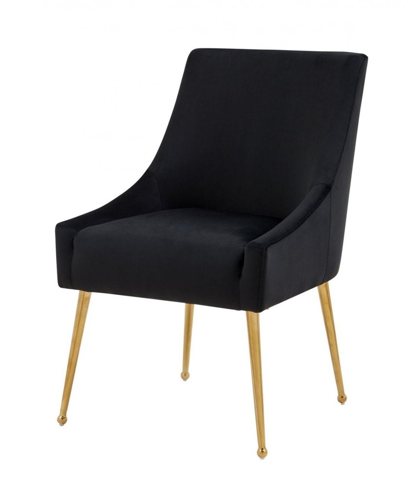 Set of Two Black and Gold Upholstered Velvet Wing Back Dining Arm Chairs