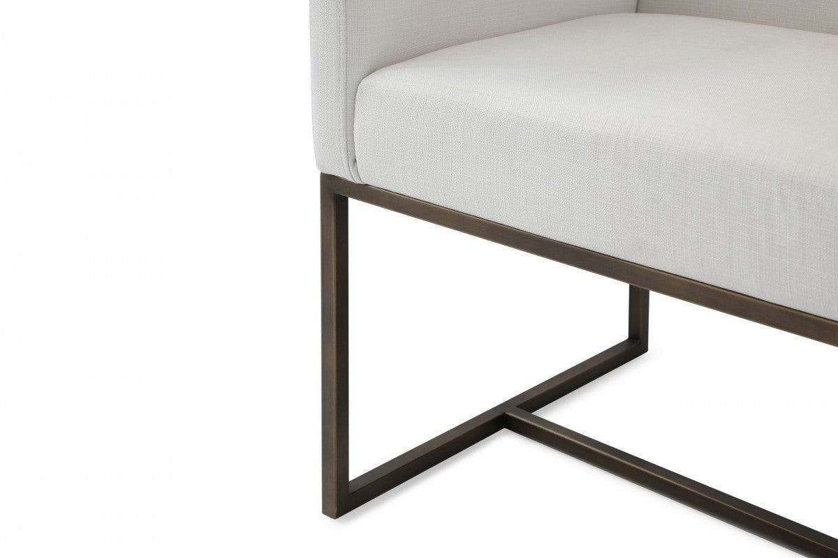 Off White and Antiqued Brass Upholstered Fabric Dining Arm Chair